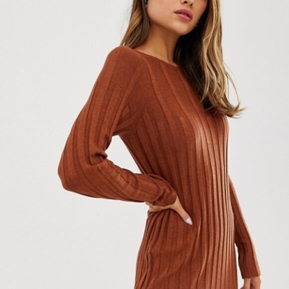 Asos Rust Brown Ribbed Long Sleeve Shift Dress 2 - Picture 2 of 11